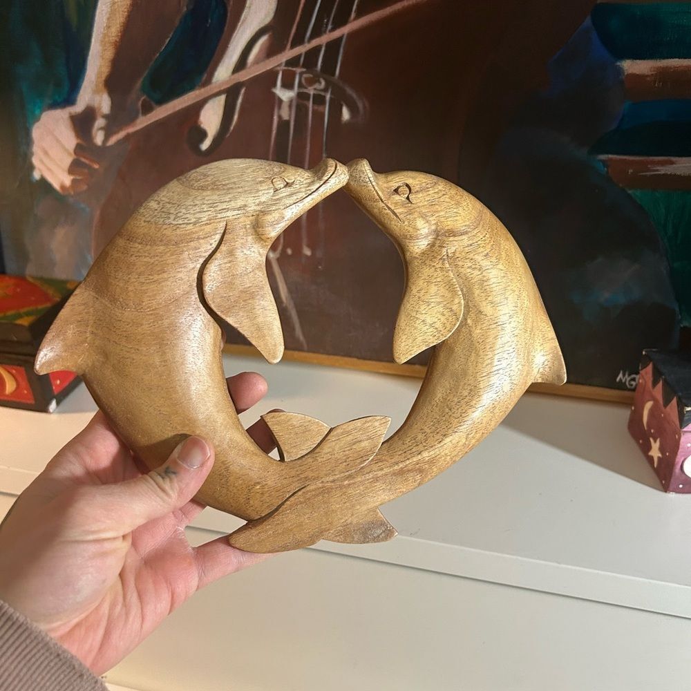 Hand Carved Wooden Dolphin Sculpture Indonesia Coastal Beach Decor Figurine